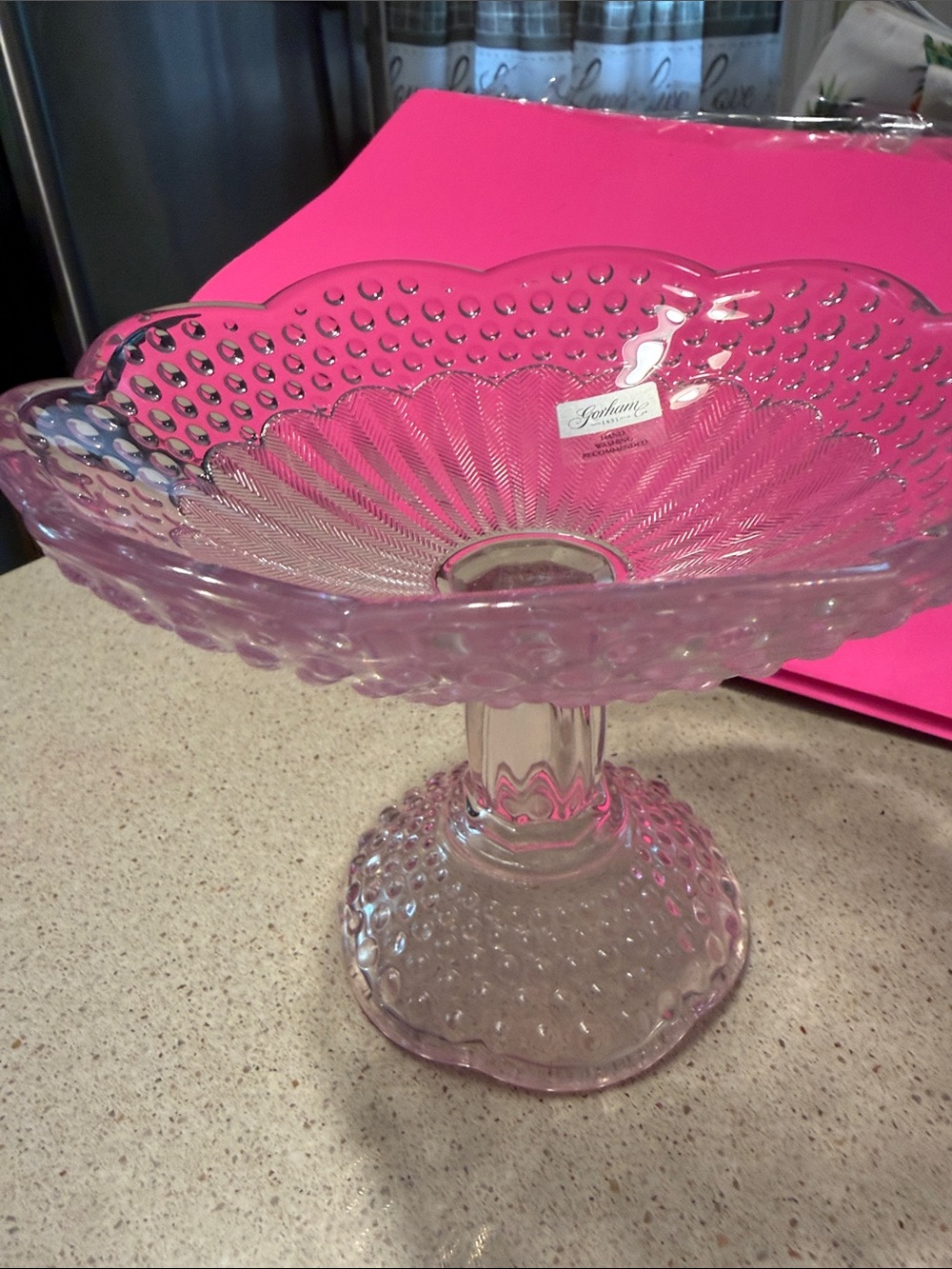 Vintage Gorham Pink Crystal Hobnail Compote
